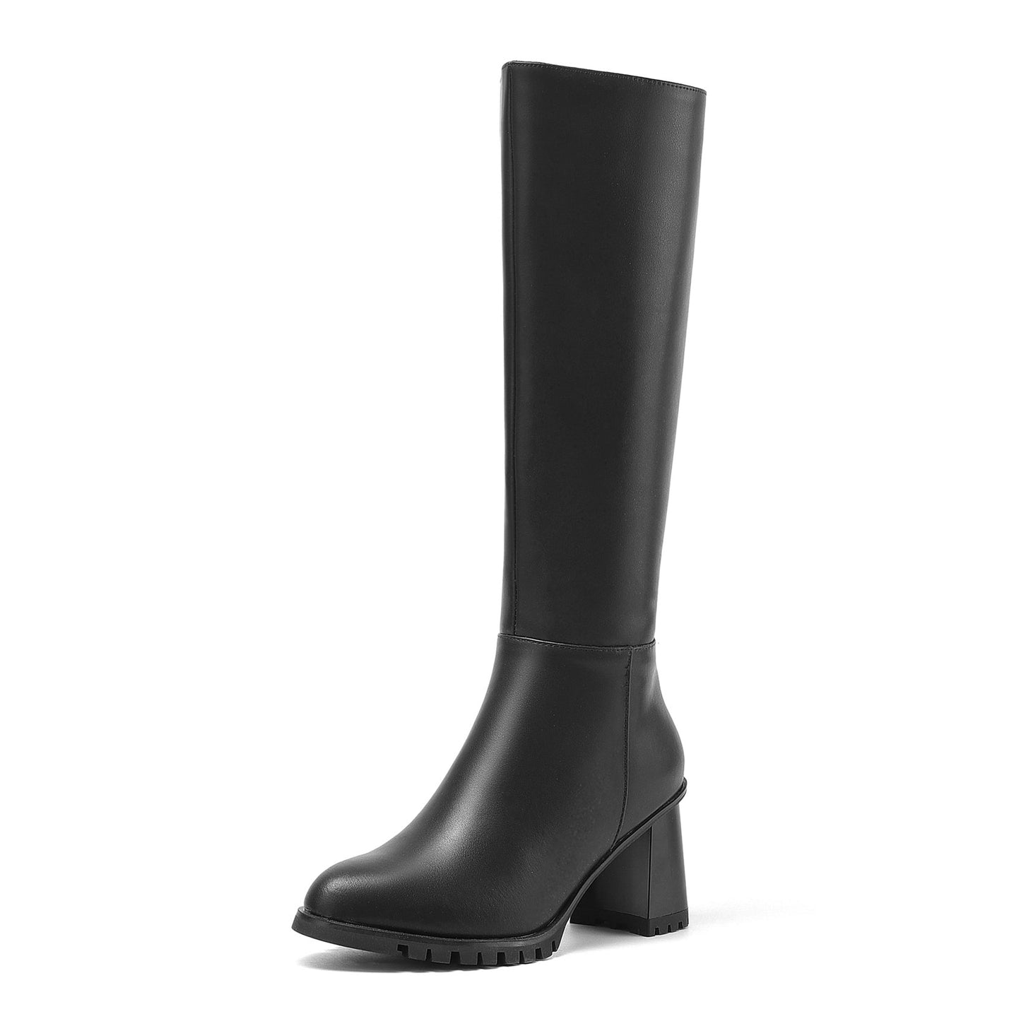 Women's Round Toe Genuine Leather Hnadmade High Chunky Heels Side Zip Up Knee High Boots