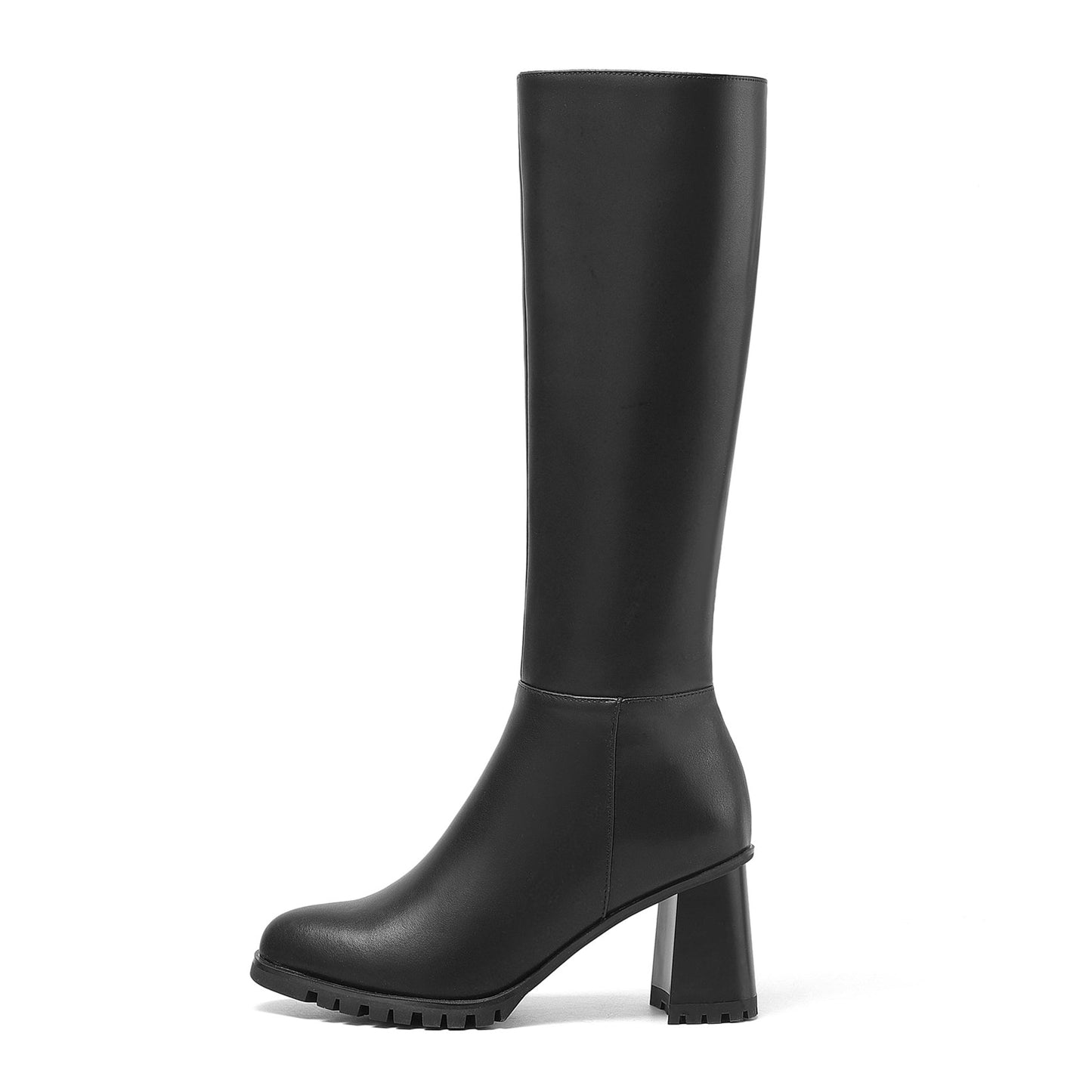 Women's Round Toe Genuine Leather Hnadmade High Chunky Heels Side Zip Up Knee High Boots