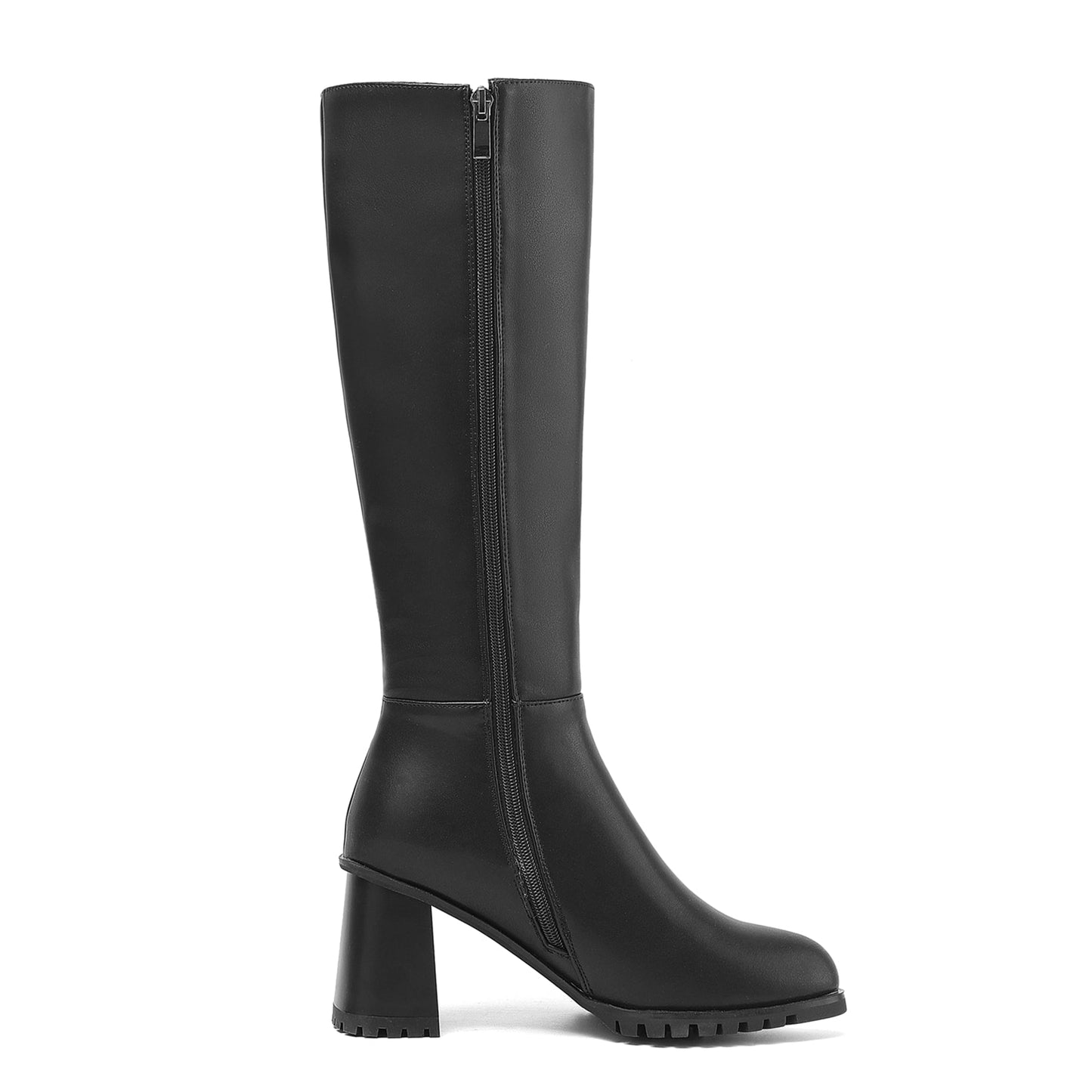 Women's Round Toe Genuine Leather Hnadmade High Chunky Heels Side Zip Up Knee High Boots