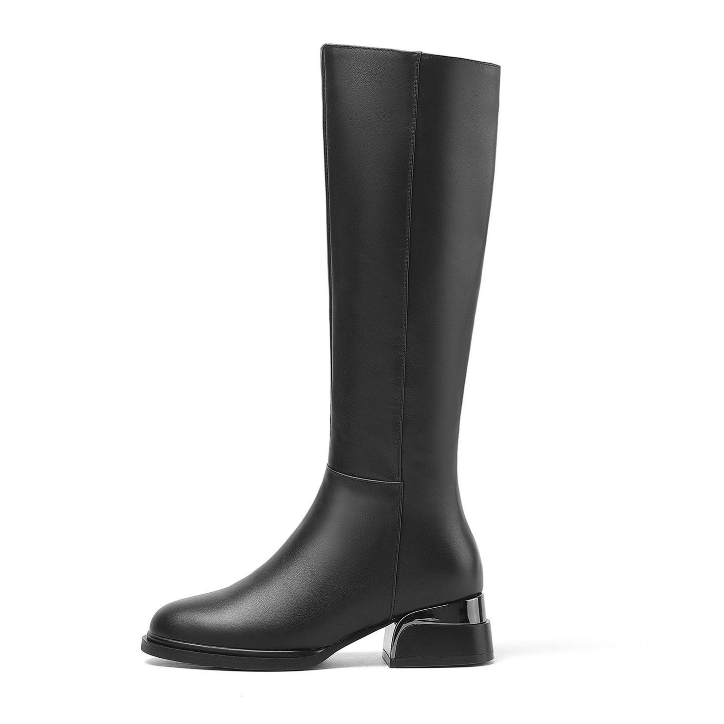 Women's Genuine Leather Round Toe Handmade Side Zipper Low Chunky Heels Classic Knee High Boots