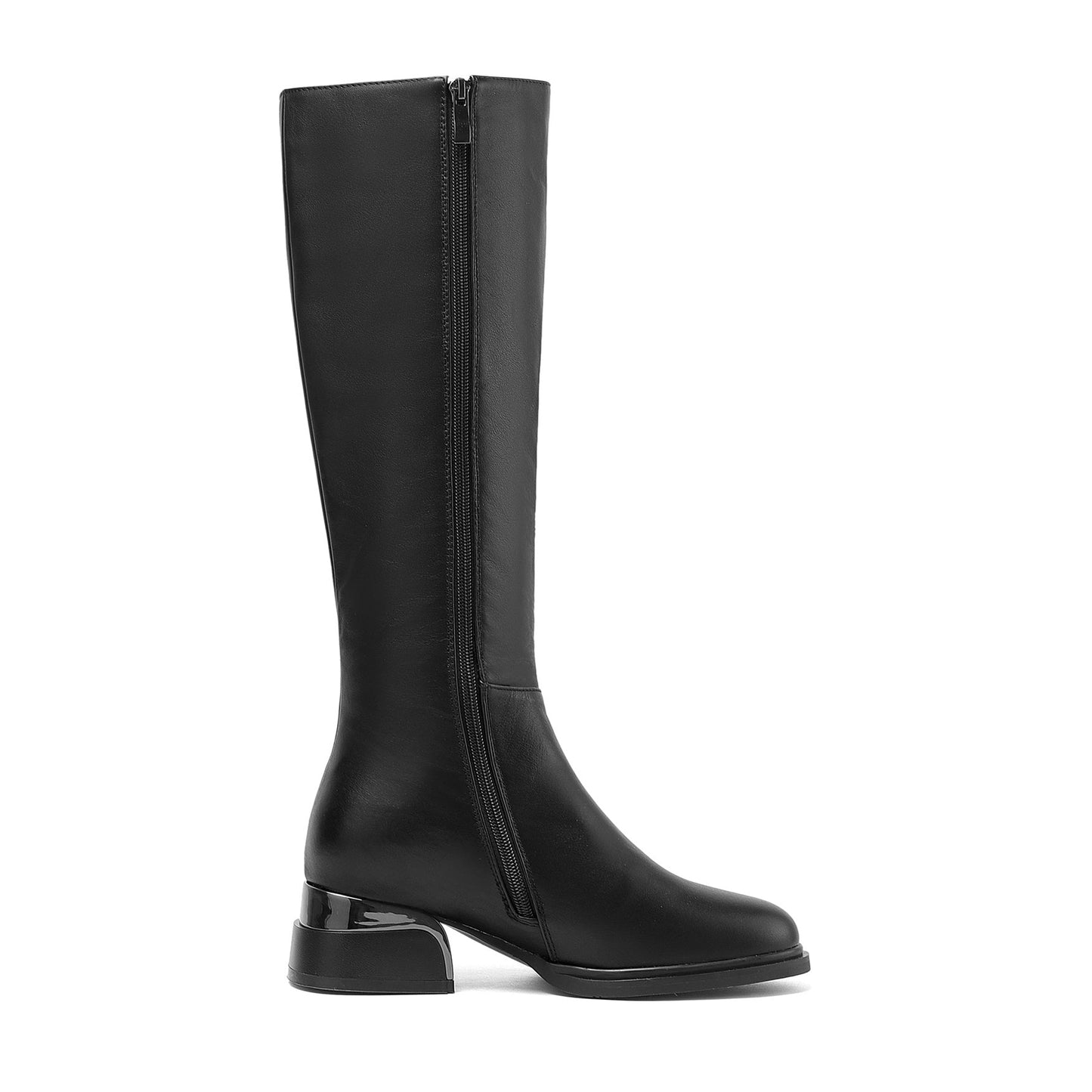 Women's Genuine Leather Round Toe Handmade Side Zipper Low Chunky Heels Classic Knee High Boots