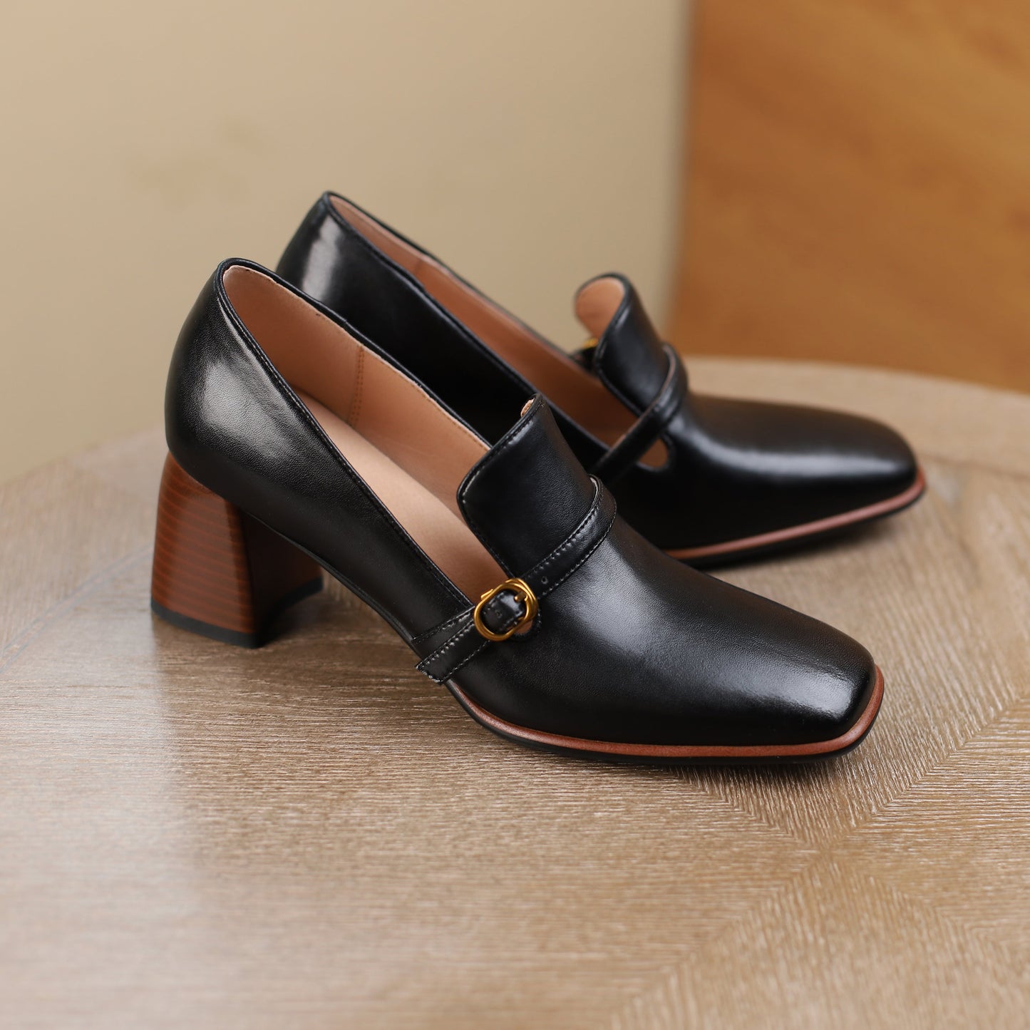 Women's Genuine Leather Square Toe Handmade Buckle Mid Chunky Heels Vintage Pumps Shoes