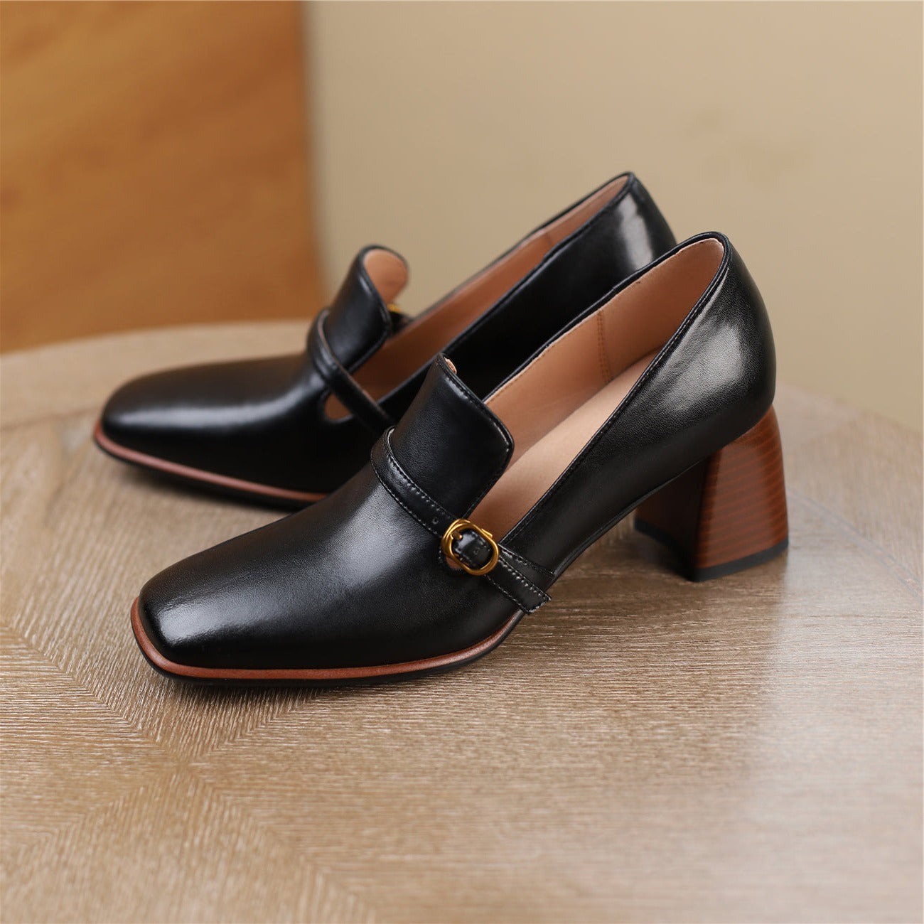 Women's Genuine Leather Square Toe Handmade Buckle Mid Chunky Heels Vintage Pumps Shoes