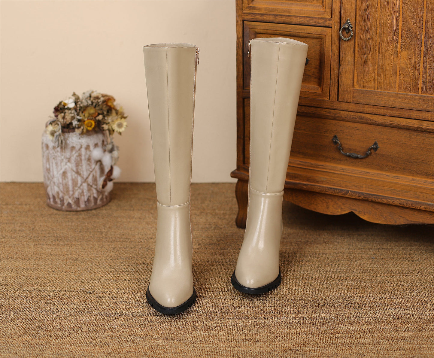 Women's Round Toe Genuine Leather Hnadmade High Chunky Heels Side Zip Up Knee High Boots