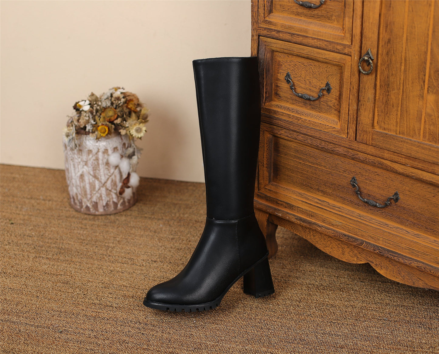 Women's Round Toe Genuine Leather Hnadmade High Chunky Heels Side Zip Up Knee High Boots