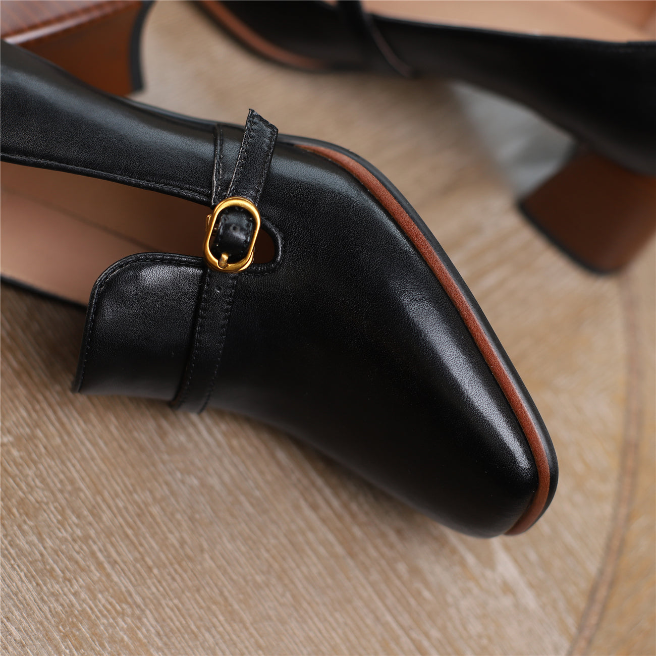 Women's Genuine Leather Square Toe Handmade Buckle Mid Chunky Heels Vintage Pumps Shoes