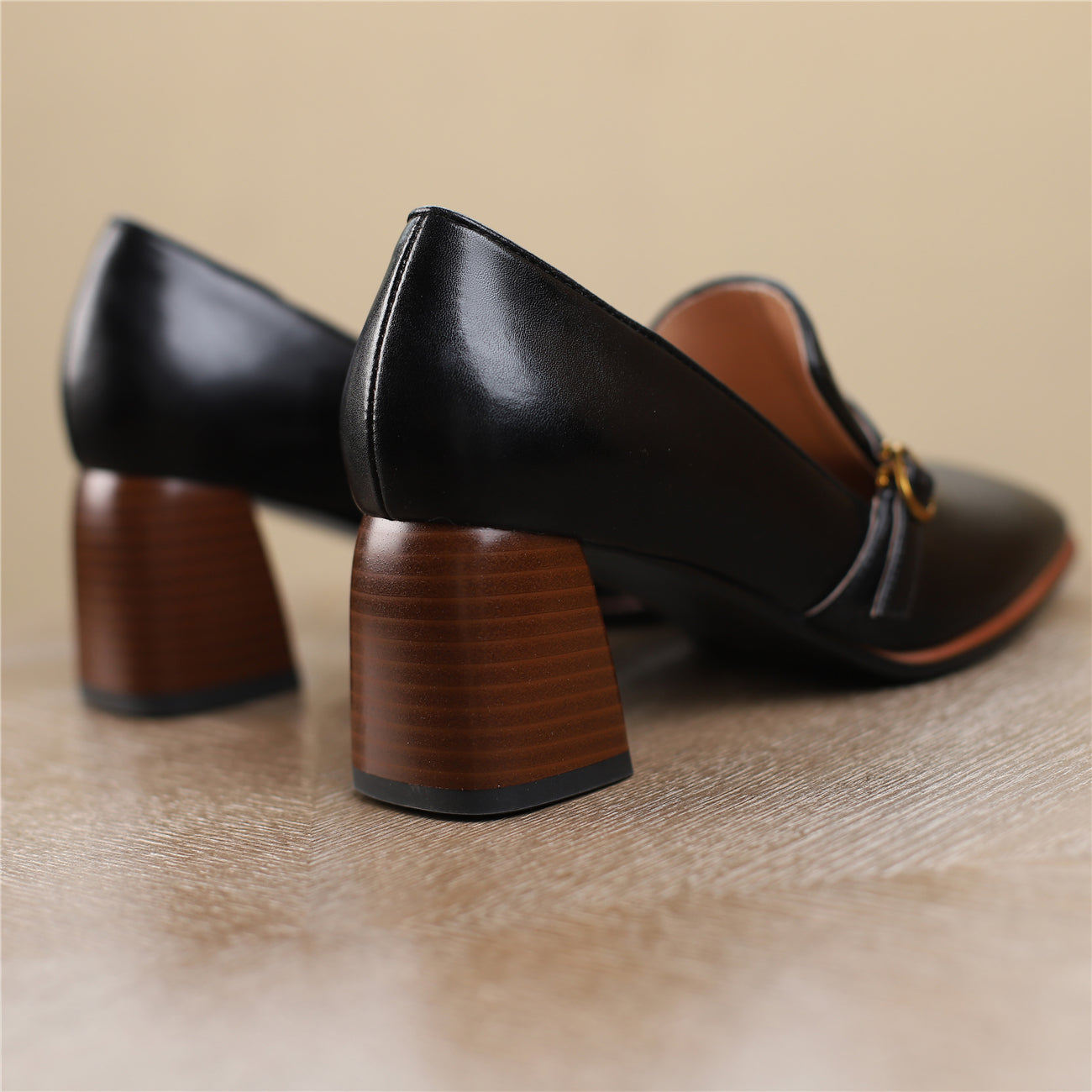 Women's Genuine Leather Square Toe Handmade Buckle Mid Chunky Heels Vintage Pumps Shoes