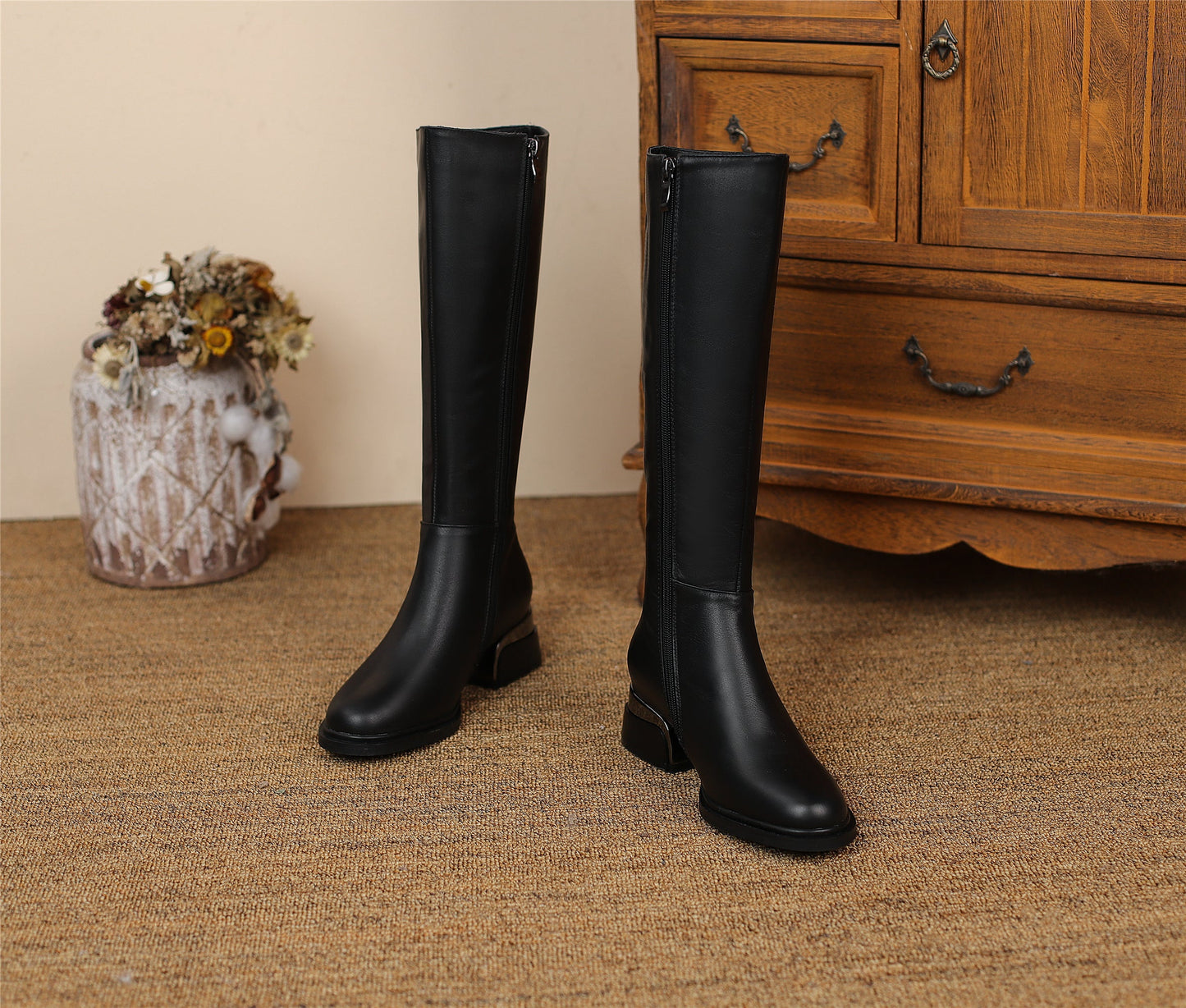 Women's Round Toe Genuine Leather Hnadmade High Chunky Heels Side Zip Up Knee High Boots