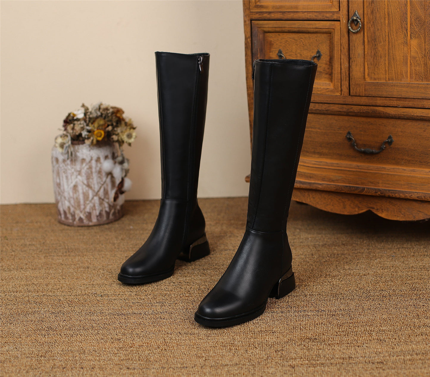 Women's Genuine Leather Round Toe Handmade Side Zipper Low Chunky Heels Classic Knee High Boots