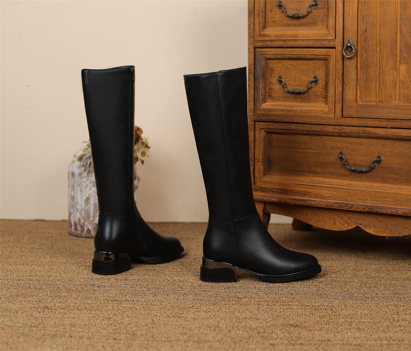 Women's Genuine Leather Round Toe Handmade Side Zipper Low Chunky Heels Classic Knee High Boots