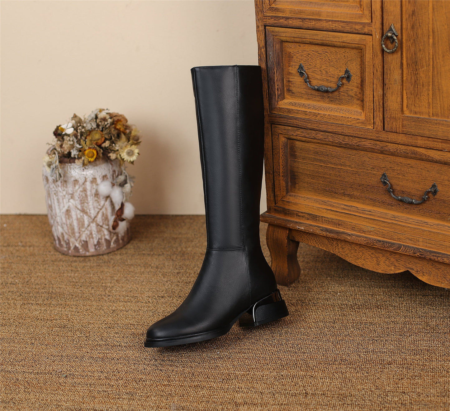 Women's Genuine Leather Round Toe Handmade Side Zipper Low Chunky Heels Classic Knee High Boots