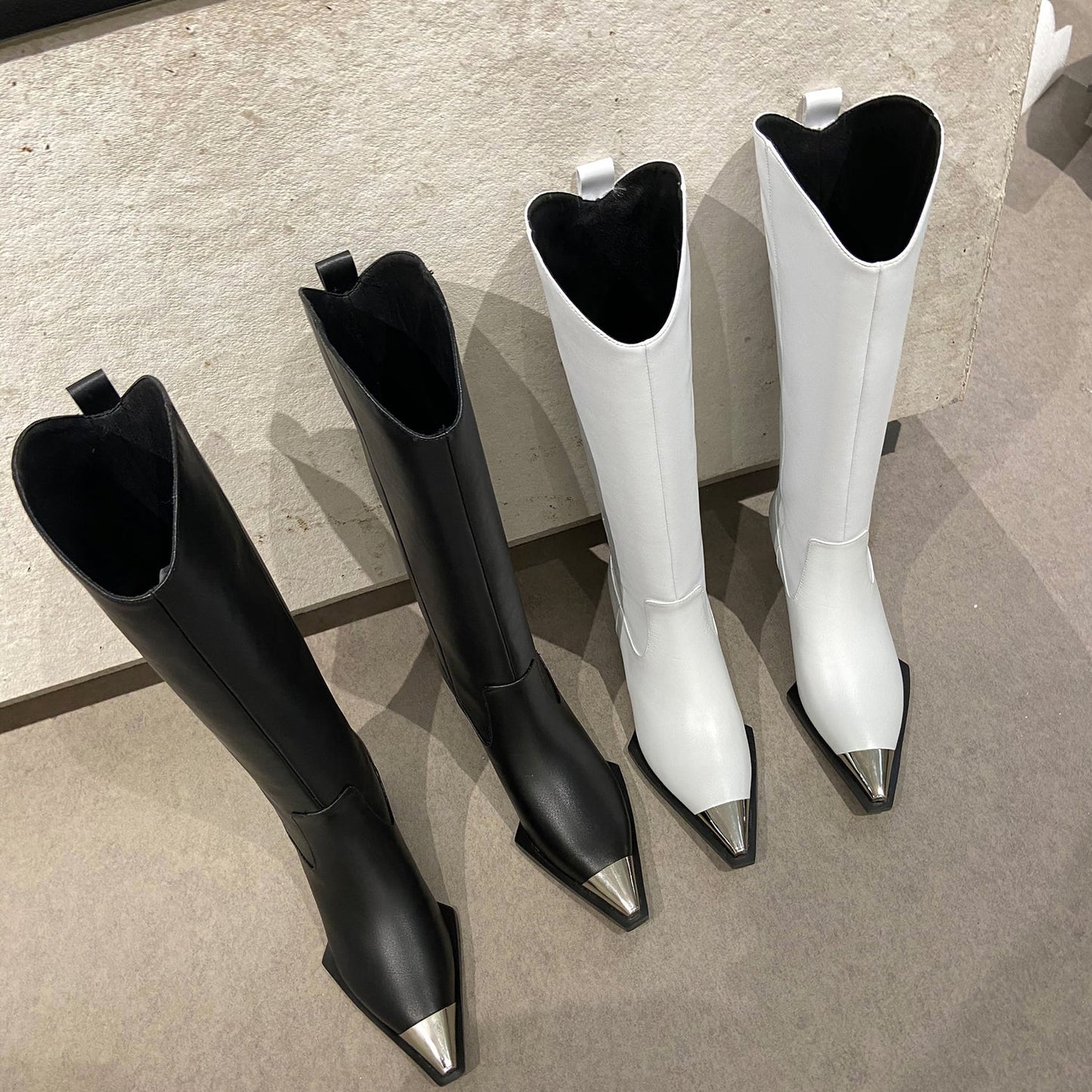 Women's Handmade Genuine Leather Classic Pointed Toe Mid Block Heel Slip Up Weatern Style Knee High Boots