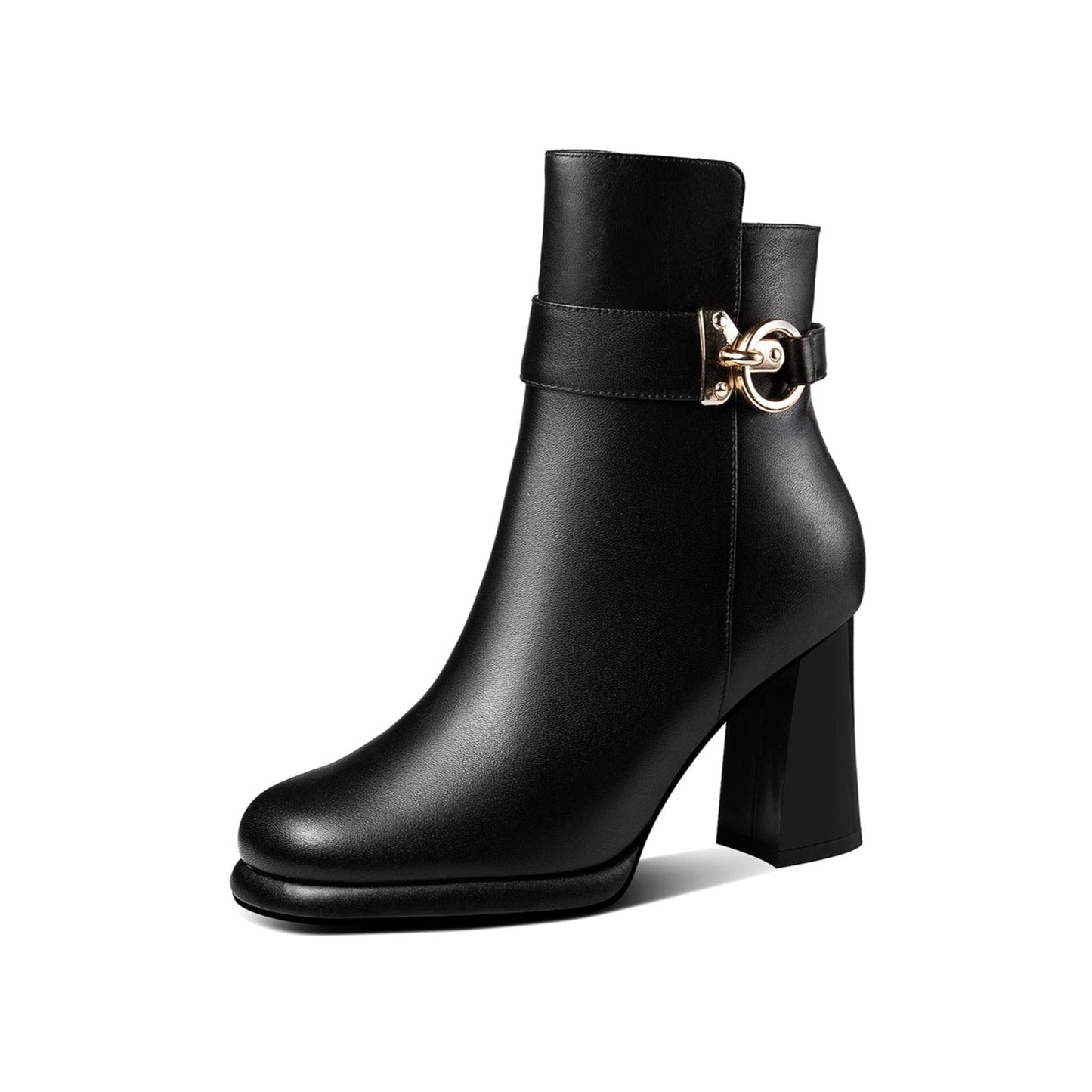 Handmade Women's Genuine Leather Side Zip Up Chunky Heel Buckle Design Stylish Ankle Boots with Platform