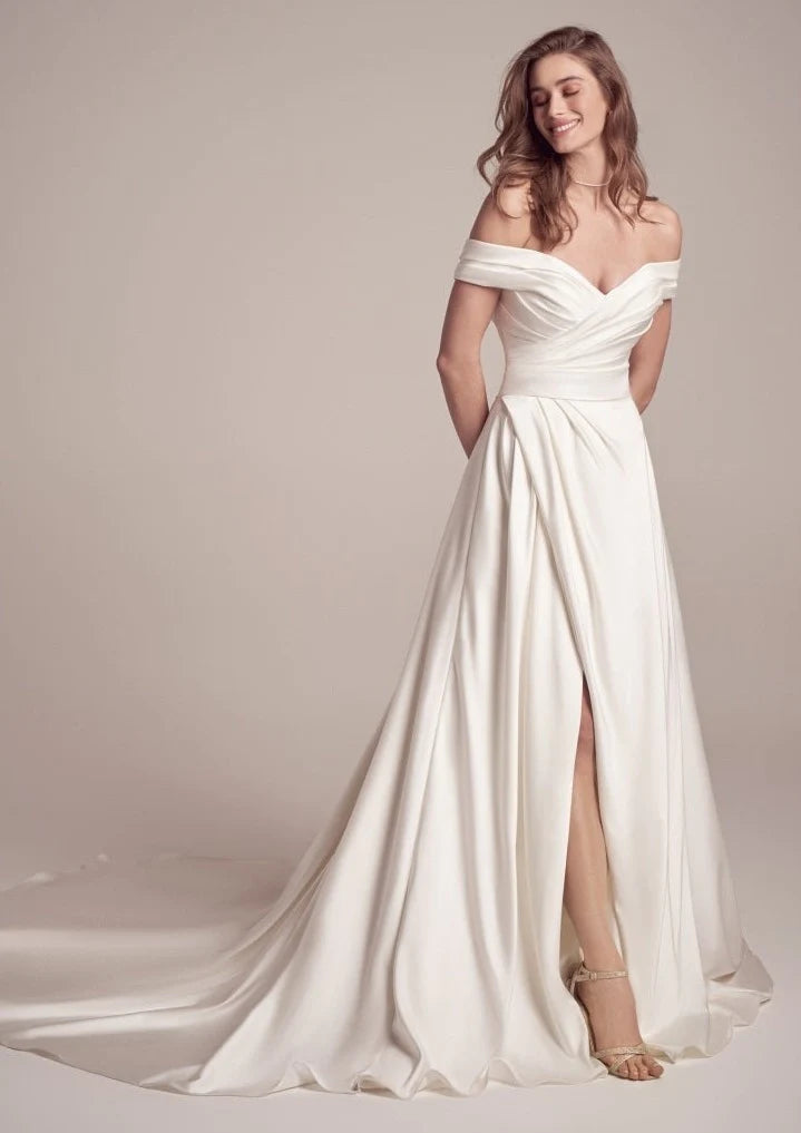 BelaCustom Off Shoulder Pleated Satin Side Slit  A-Line Wedding Dress Customization