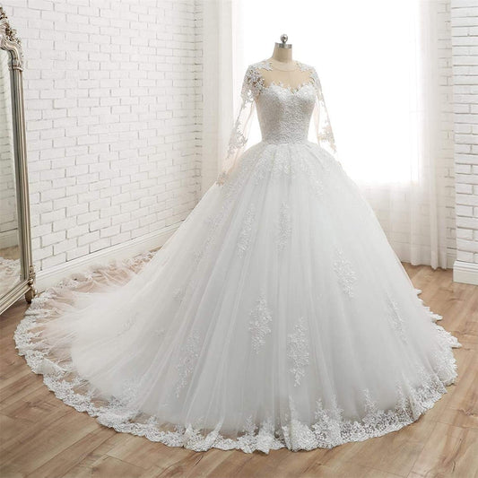 BelaCustom Appliques Lace Long Sleeves Ball Grown Princess Wedding Dress