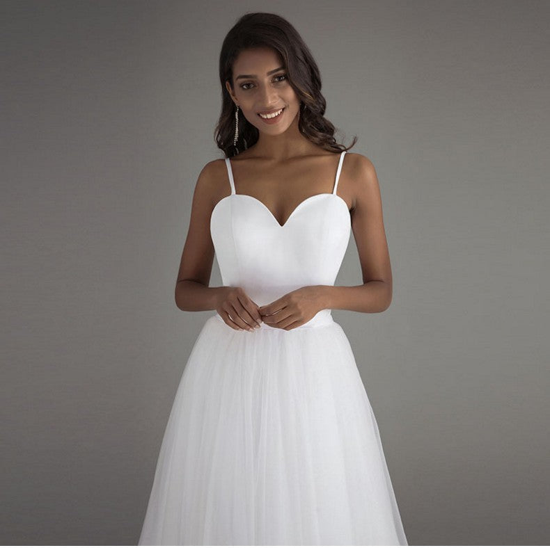 BelaCustom Spaghetti Strap Zip Up Sleeveless Bridal A-Line Minimalist Style White Wedding Dress