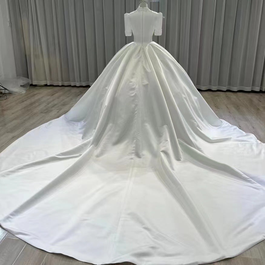 BelaCustom Appliques Plunging V-Neck Half Sleeves Ball Grown Satin Court Wedding Dress