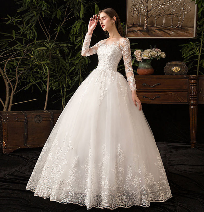 BelaCustom Bridal Dresses Jewel Neck Long Sleeve Appliques A-Line Wedding Dress