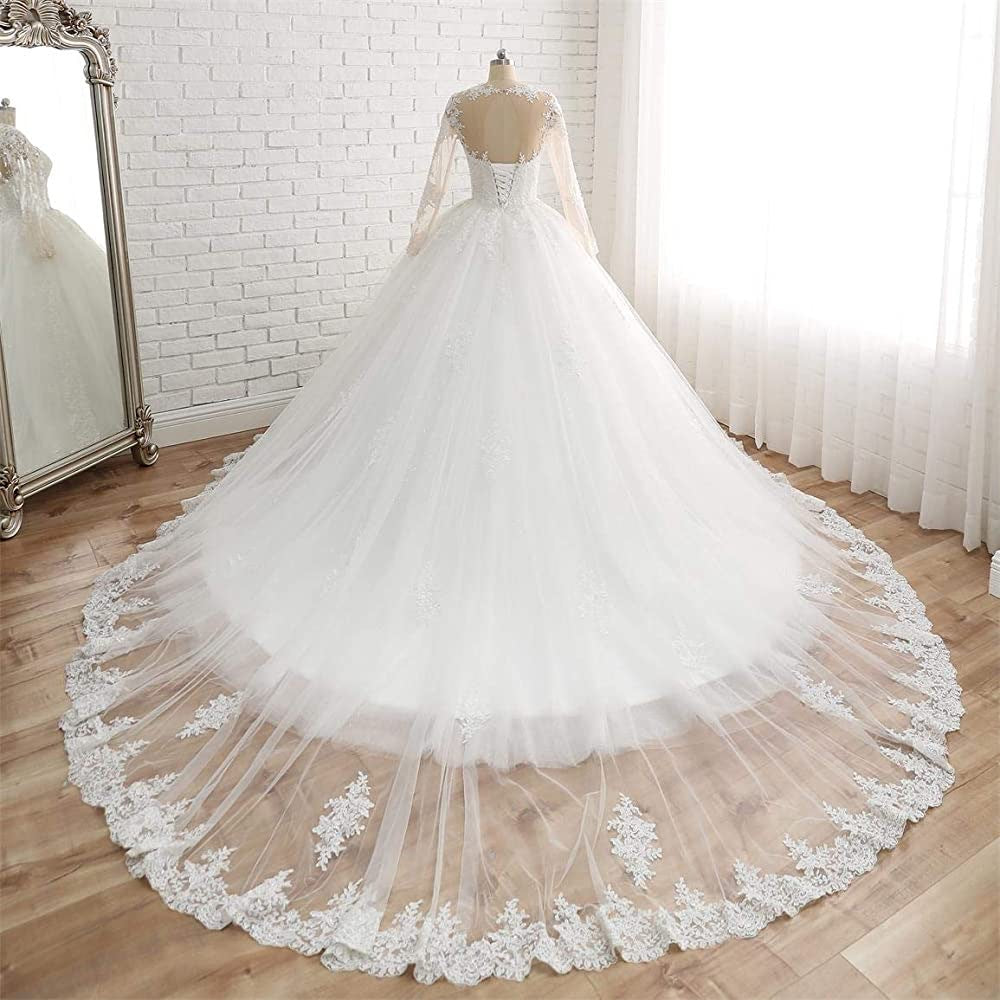 BelaCustom Appliques Lace Long Sleeves Ball Grown Princess Wedding Dress