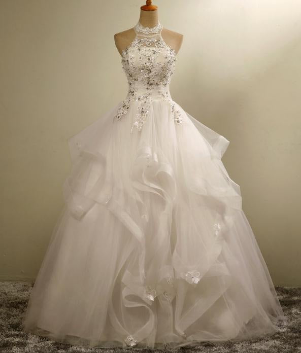 BelaCustom Crystal Pearl Appliques Halter Lace Up Flower Princess Wedding Dress