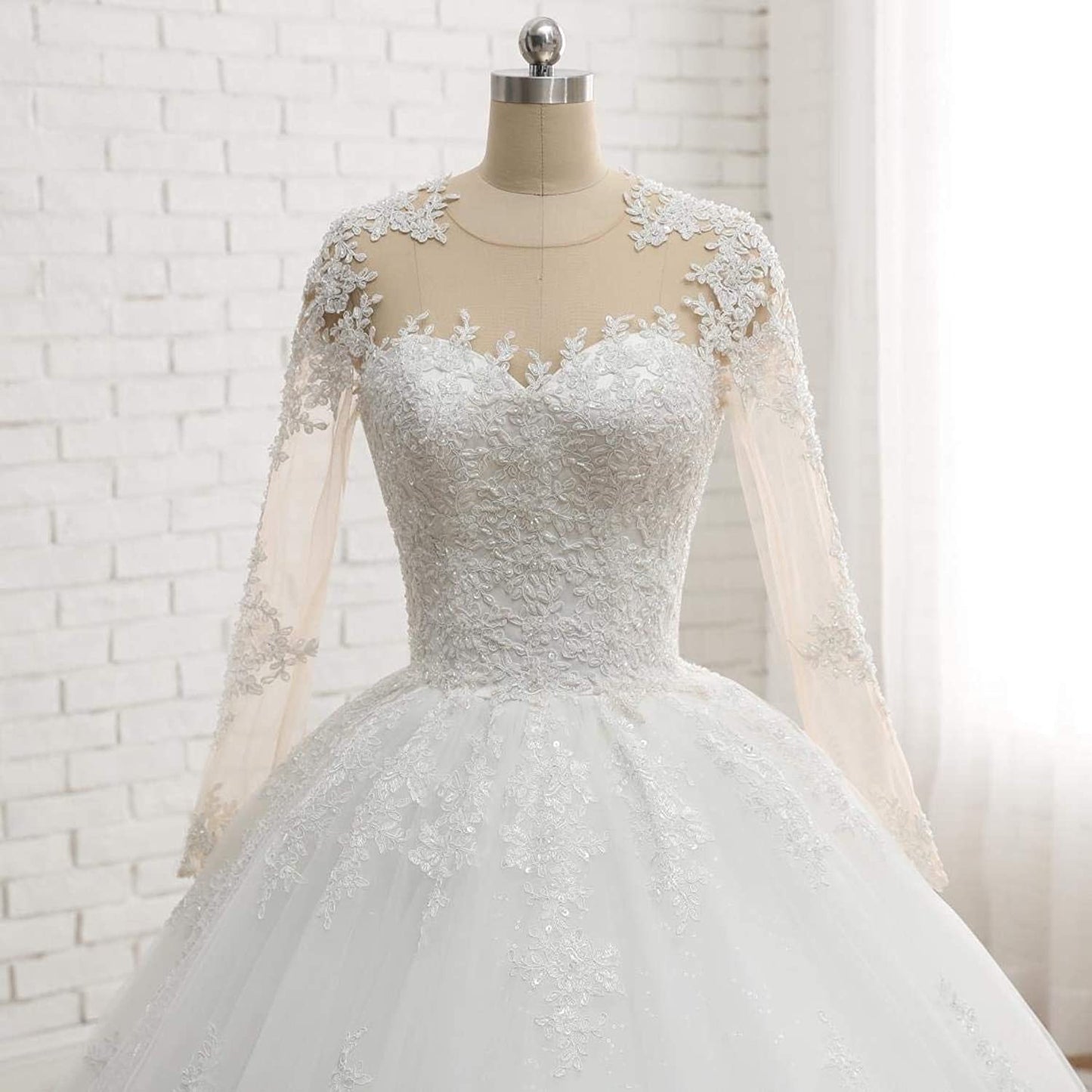 BelaCustom Appliques Lace Long Sleeves Ball Grown Princess Wedding Dress