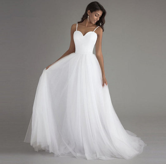 BelaCustom Spaghetti Strap Zip Up Sleeveless Bridal A-Line Minimalist Style White Wedding Dress