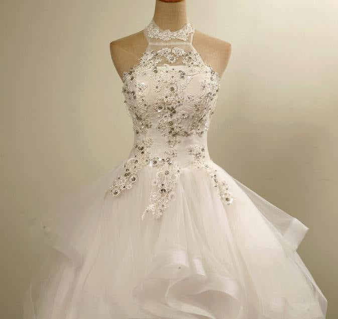 BelaCustom Crystal Pearl Appliques Halter Lace Up Flower Princess Wedding Dress