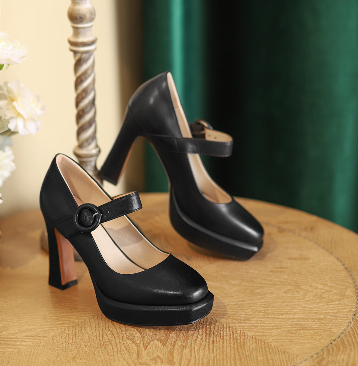 Women's Genuine Leather Square Toe Handmade Platform Buckle Belt High Chunky Heels Stylish Pumps