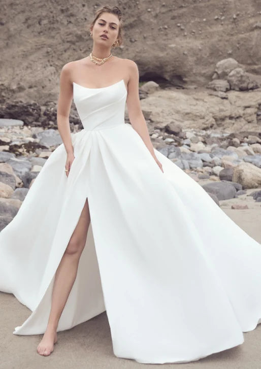 BelaCustom Ruffle Tube Top Strapless A-Line Side Slit Satin Wedding Dress Customization