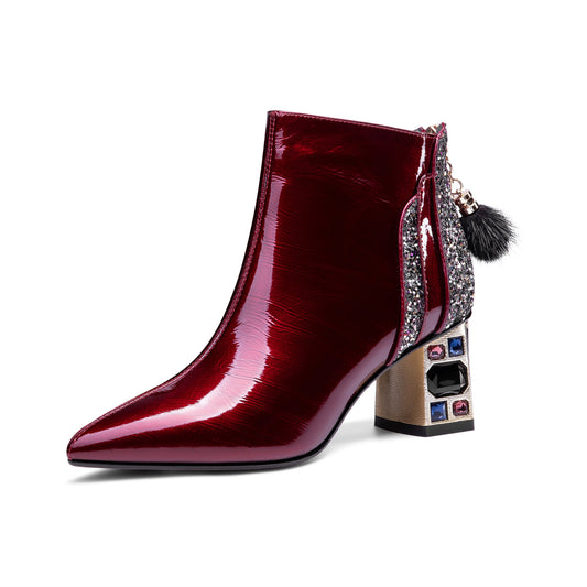 Women's Patent Leather Handmade Crystal Mid Chunky Heel Back Zipper Pointed Toe Plus-Size Ankle Boots With Glitter and Fur Pendant