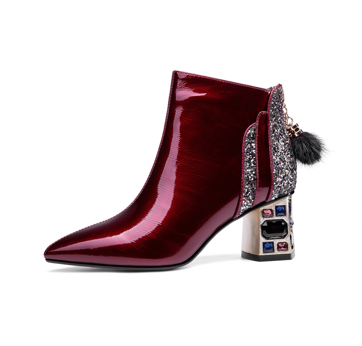 Women's Patent Leather Handmade Crystal Mid Chunky Heel Back Zipper Pointed Toe Plus-Size Ankle Boots With Glitter and Fur Pendant