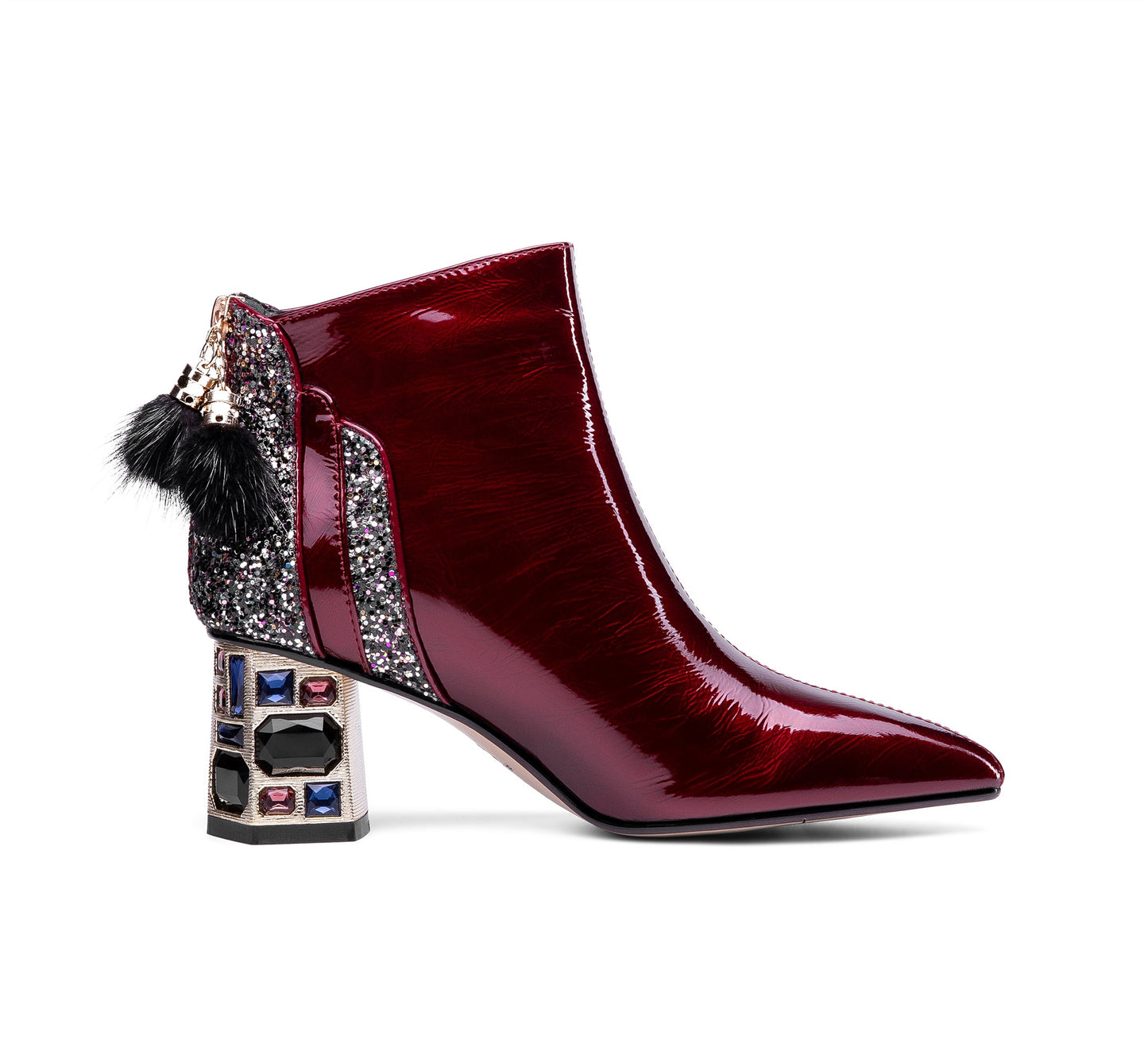 Women's Patent Leather Handmade Crystal Mid Chunky Heel Back Zipper Pointed Toe Plus-Size Ankle Boots With Glitter and Fur Pendant