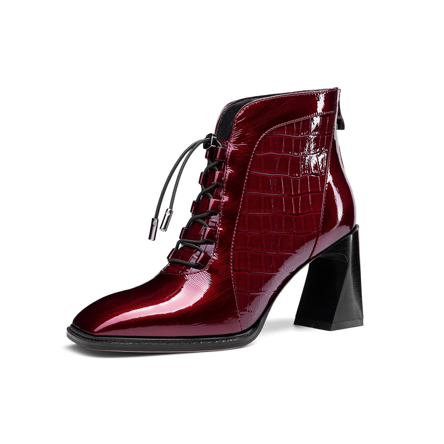 Women's Handmade Patent Leather Classic Square Toe High Spool Heel Back Zip Up Short Dressing Boots with Band