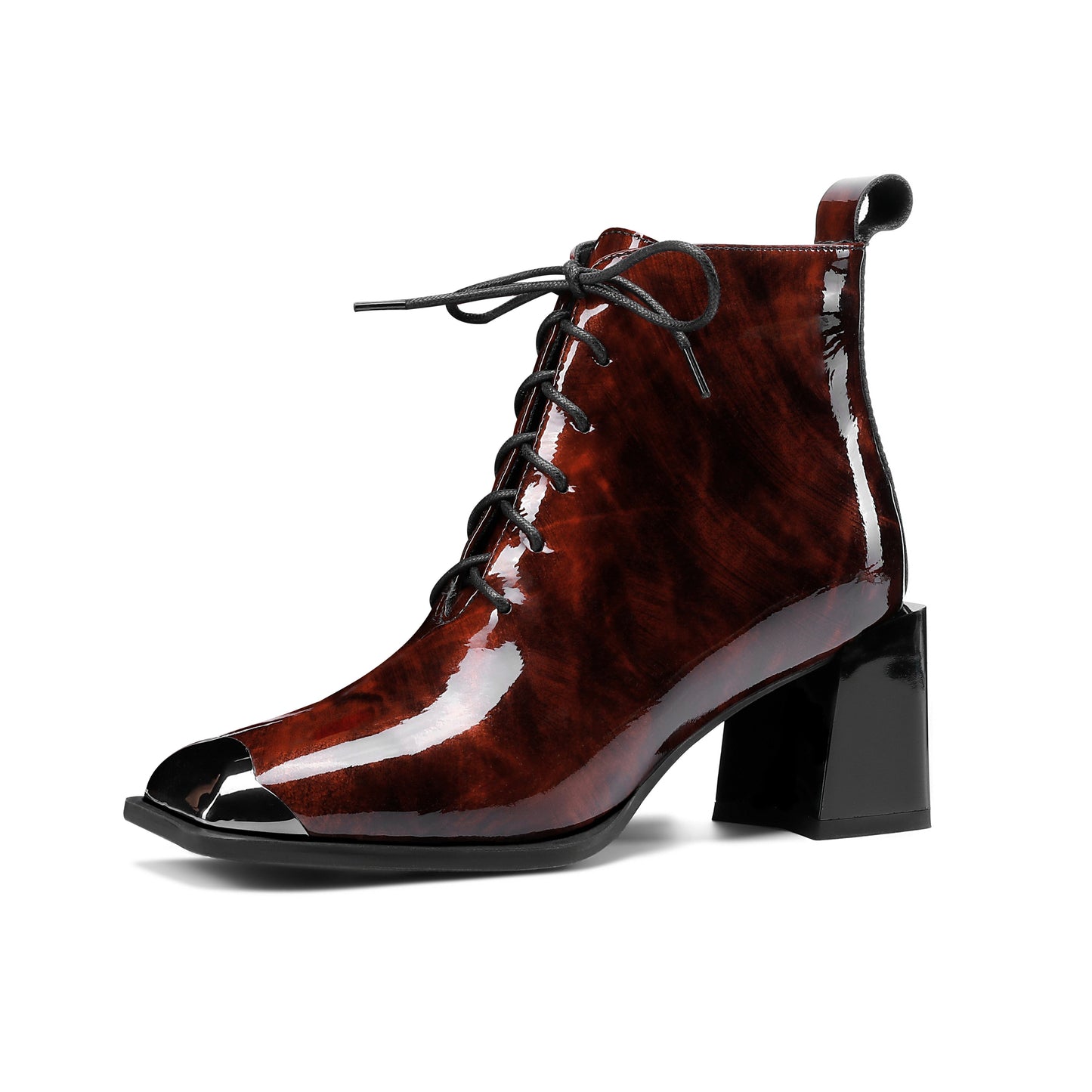 Women's Handmade Patent Leather Classic Square Toe Mid Block Heel Side Zip Lace Up Stylish Ankle Boots