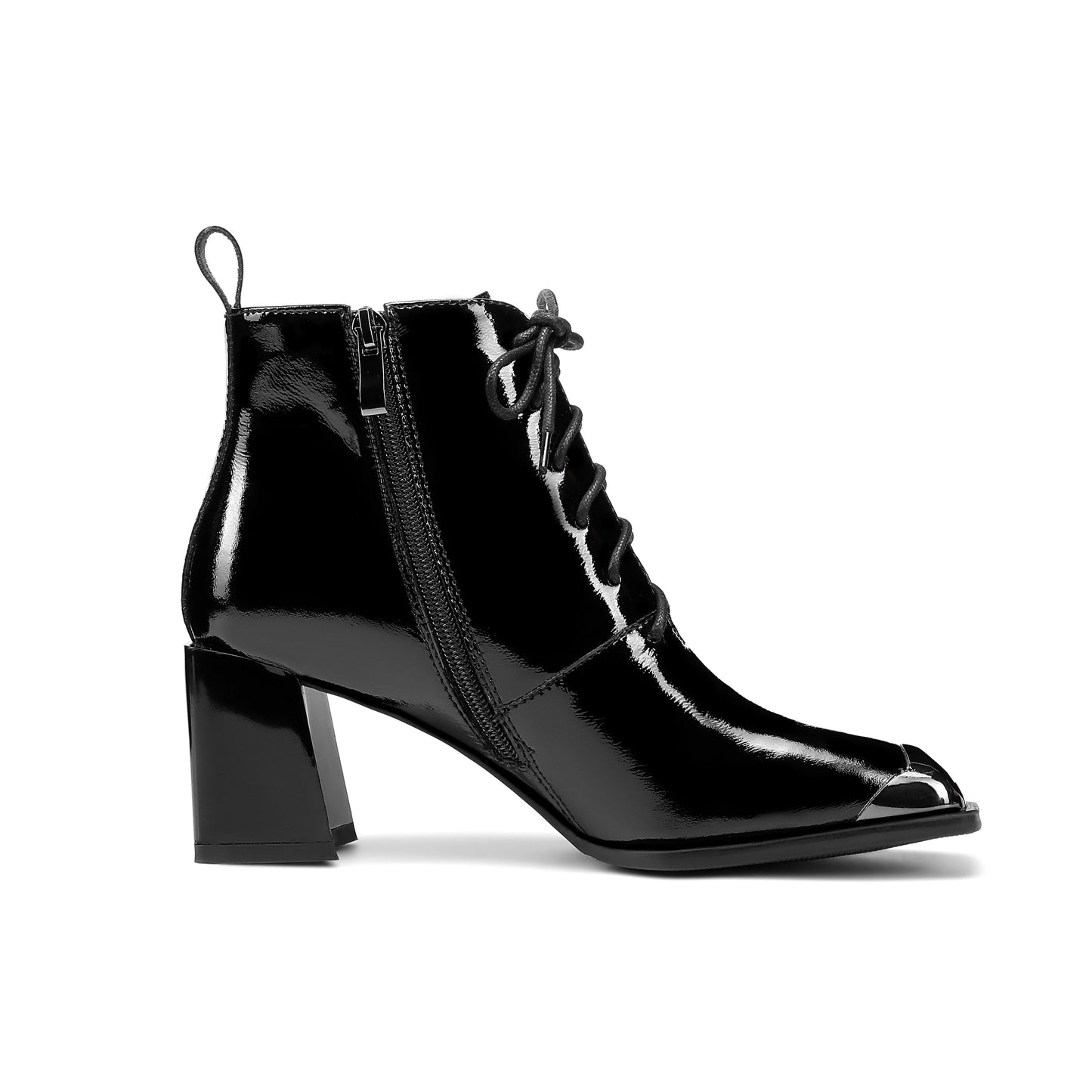 Women's Handmade Patent Leather Classic Square Toe Mid Block Heel Side Zip Lace Up Stylish Ankle Boots