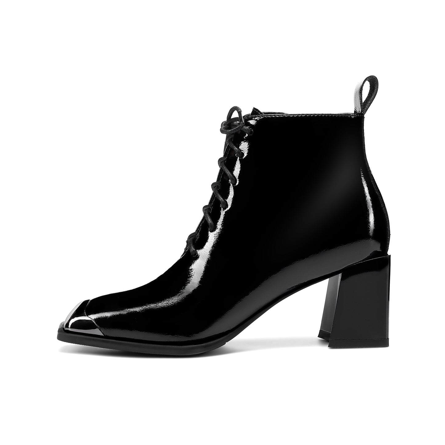 Women's Handmade Patent Leather Classic Square Toe Mid Block Heel Side Zip Lace Up Stylish Ankle Boots