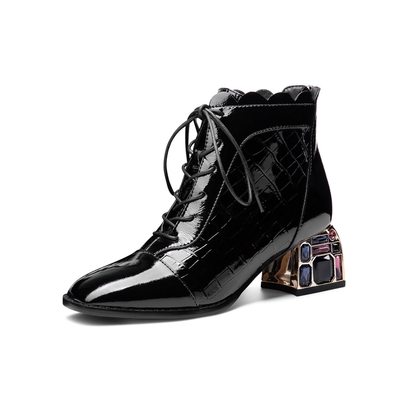 Women's Glossy Patent Leather Handmade Colorful Crystal Mid Chunky Heel Round Toe Back Zipper Ankle Boots with Selftie