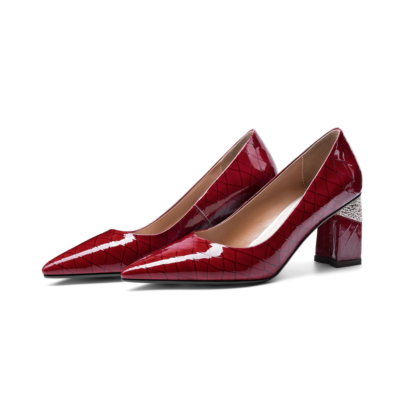 Women's Glossy Patent Leather Handmade Clear Pointed Toe Mid Chunky Heel Slip On Modern Pumps with Attractive Pattern