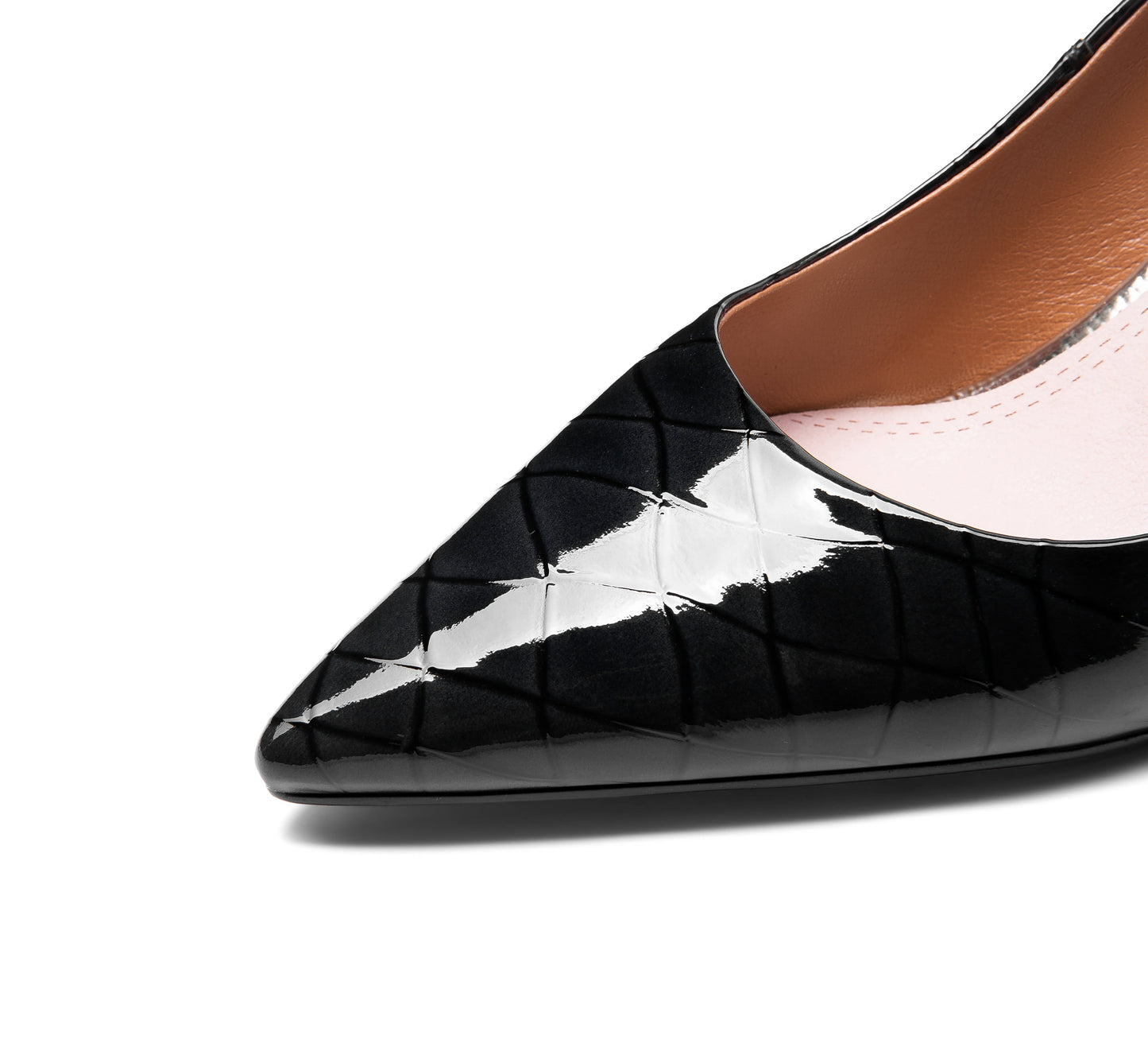 Women's Glossy Patent Leather Handmade Clear Pointed Toe Mid Chunky Heel Slip On Modern Pumps with Attractive Pattern