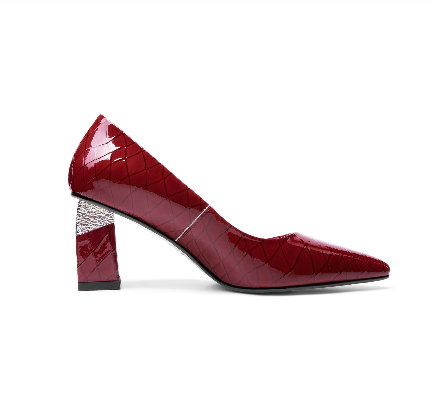 Women's Glossy Patent Leather Handmade Clear Pointed Toe Mid Chunky Heel Slip On Modern Pumps with Attractive Pattern