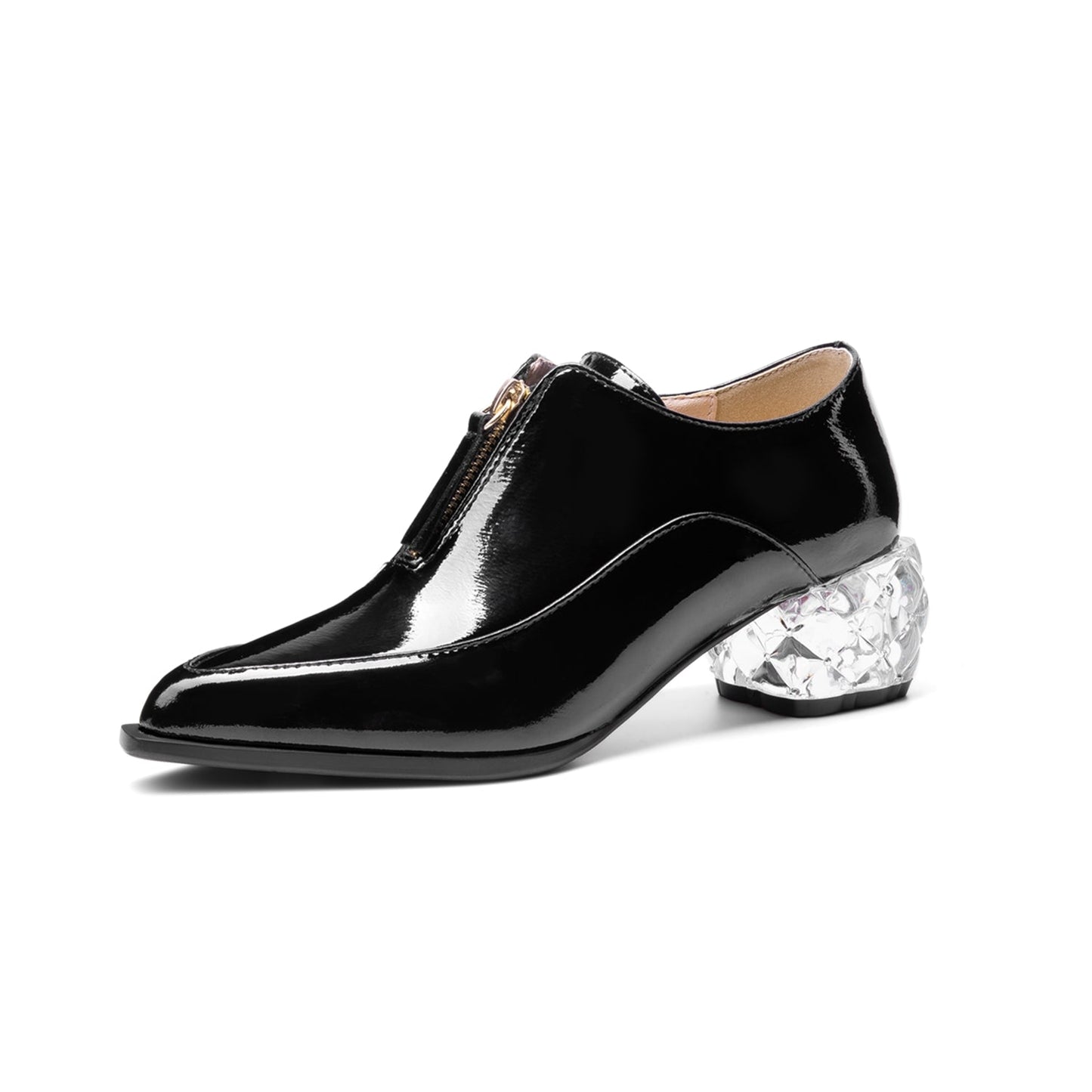 Women's Glossy Patent Leather Handmade Clear Pointed Toe Chunky Heel Front Zip Pumps