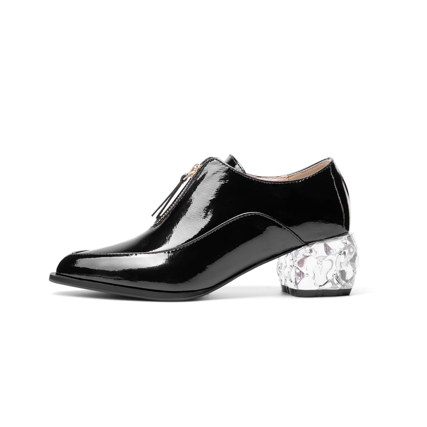 Women's Glossy Patent Leather Handmade Clear Pointed Toe Chunky Heel Front Zip Pumps