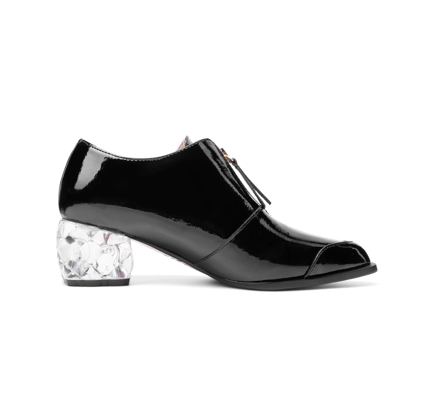 Women's Glossy Patent Leather Handmade Clear Pointed Toe Chunky Heel Front Zip Pumps