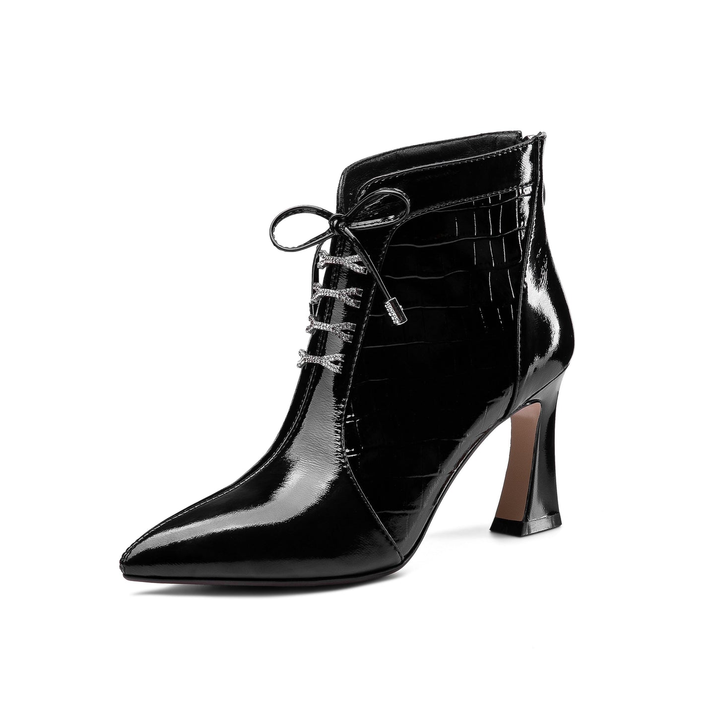 Women's Handmade Patent Leather Pointed Toe Sexy High Spool Heel Zip Up Plus-Size Ankle Booties with Bowtie