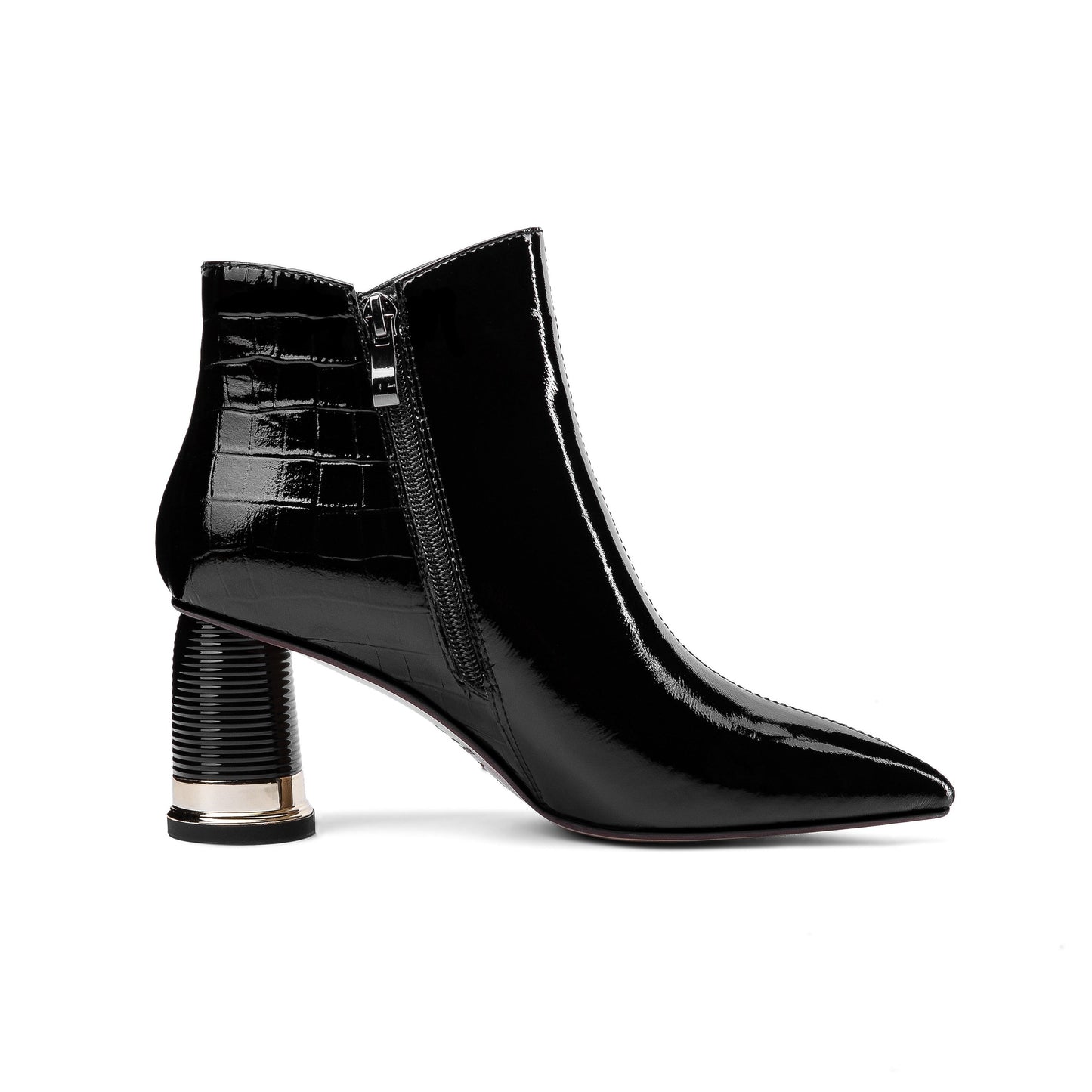 Women's Patent Leather Handmade Pointed Toe Side Zip Up Stylish Cylindrical Mid Heel Ankle Boots