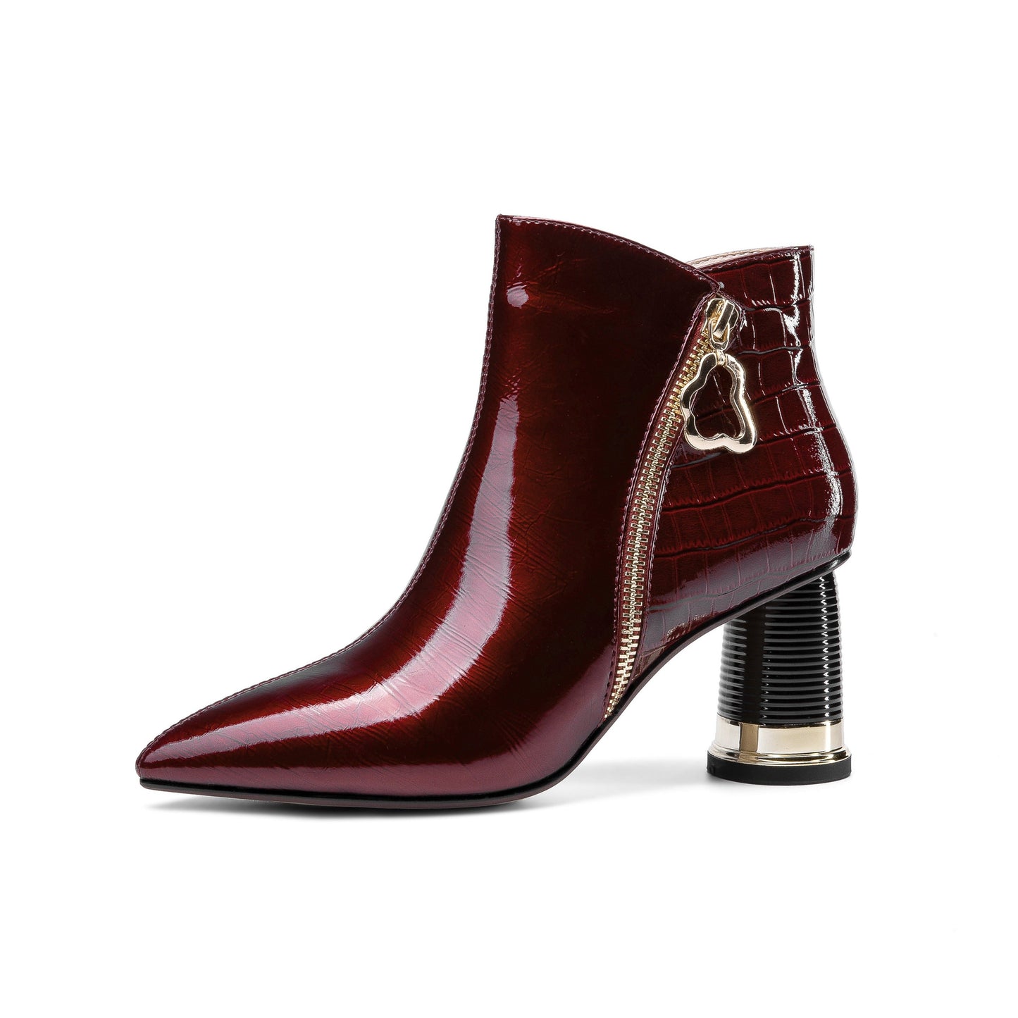 Women's Patent Leather Handmade Pointed Toe Side Zip Up Stylish Cylindrical Mid Heel Ankle Boots