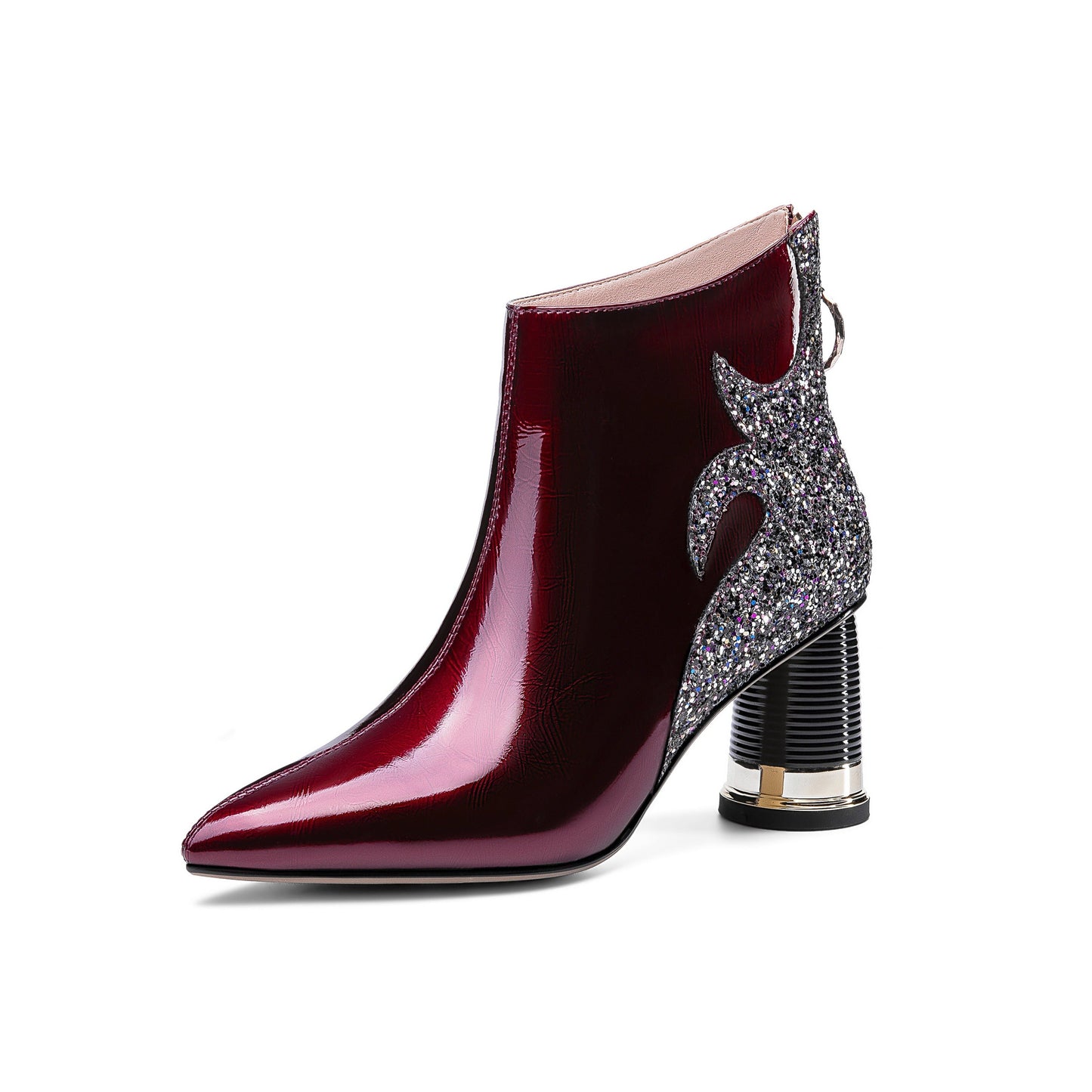 Women's Glossy Patent Leather Handmade Comfortable Block Heel Pointed Toe zip Up Ankle Booties with Glitter Pattern