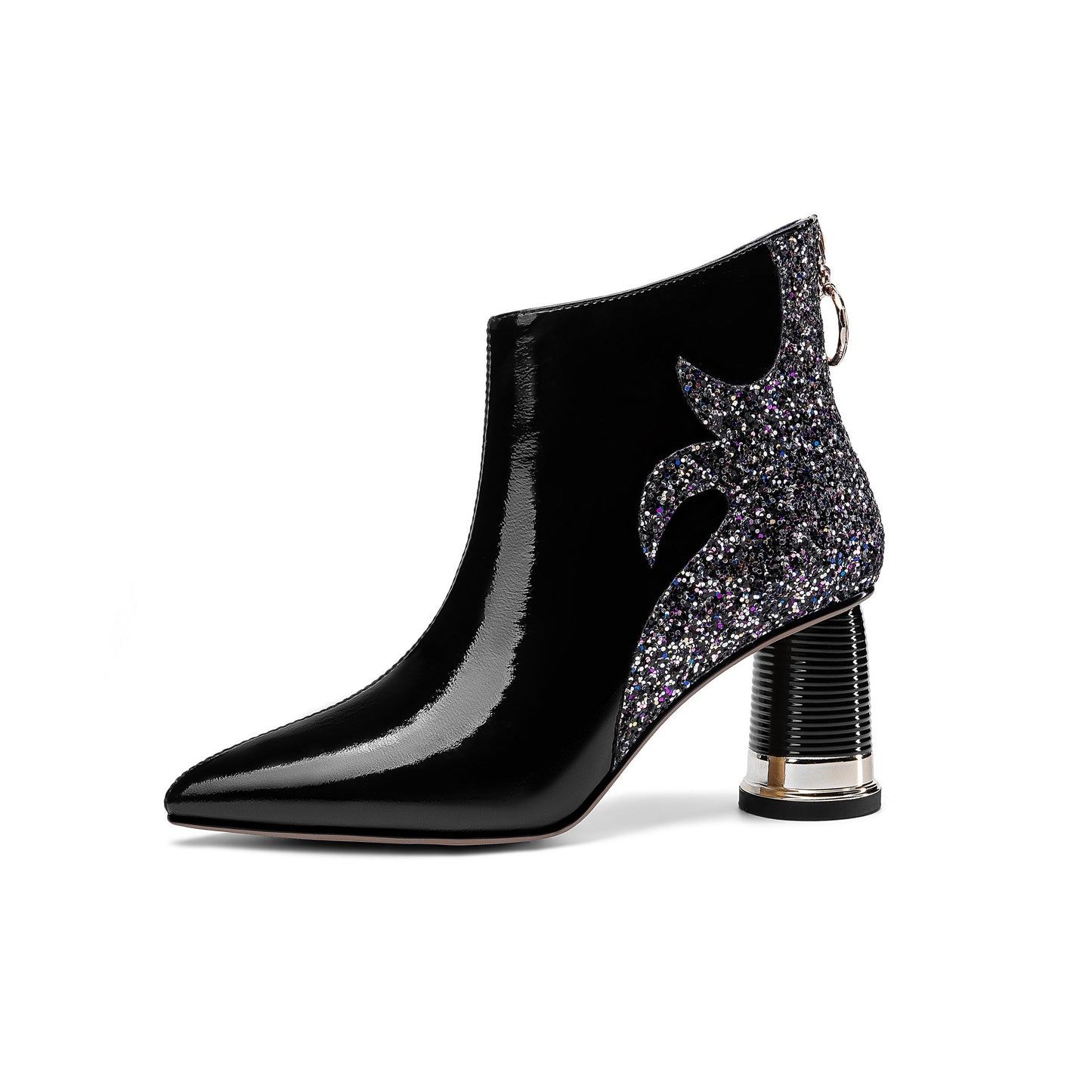 Women's Glossy Patent Leather Handmade Comfortable Block Heel Pointed Toe zip Up Ankle Booties with Glitter Pattern