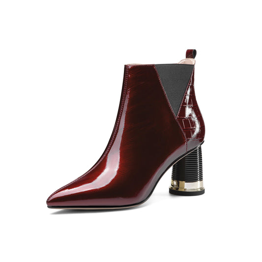 Women's Glossy Patent Leather Handmade Mid Chunky Heel Side Zip Up Pointed Toe Stylish Ankle Boots