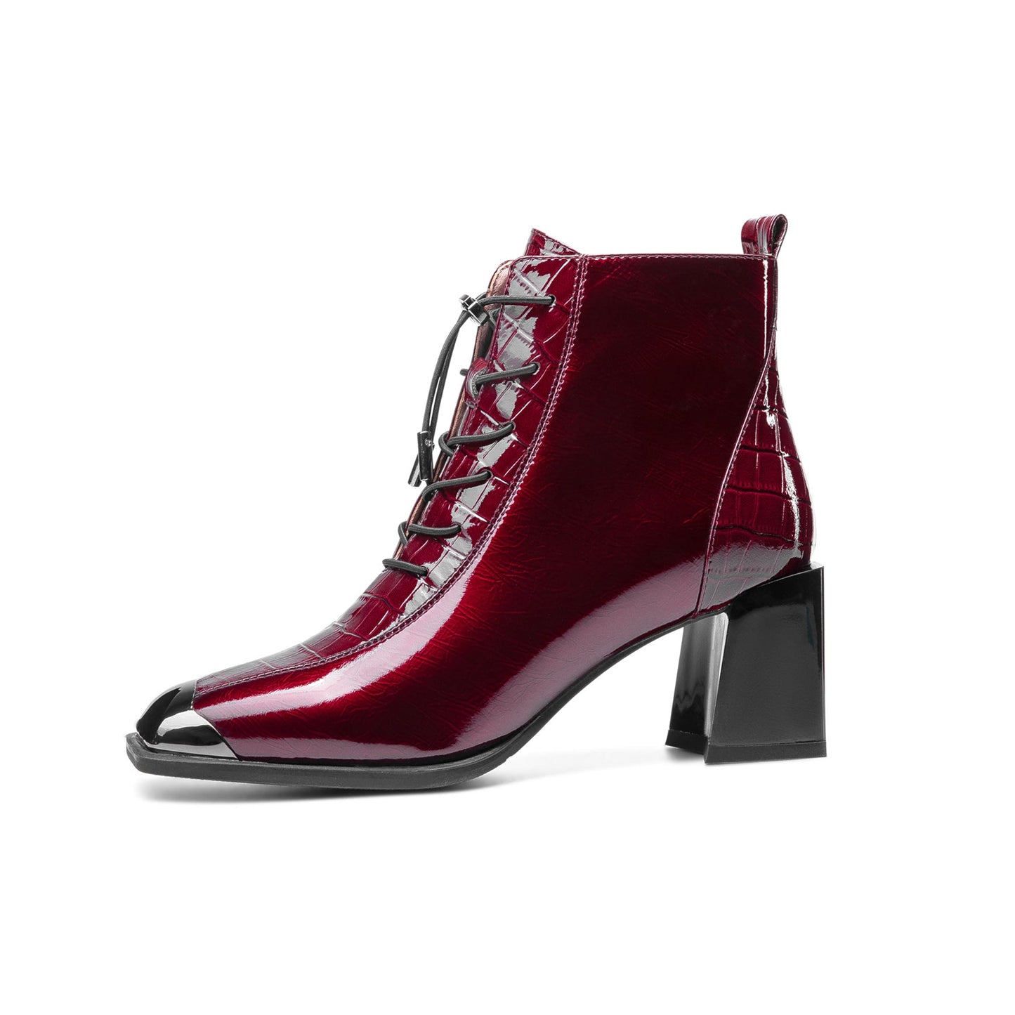 Women's Patent Leather Handmade Square Cap-Toe Mid Chunky Heel Side Zipper Ankle Boots with Band